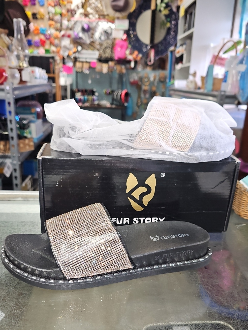 Fur Story Slides With Rhinestone Upper